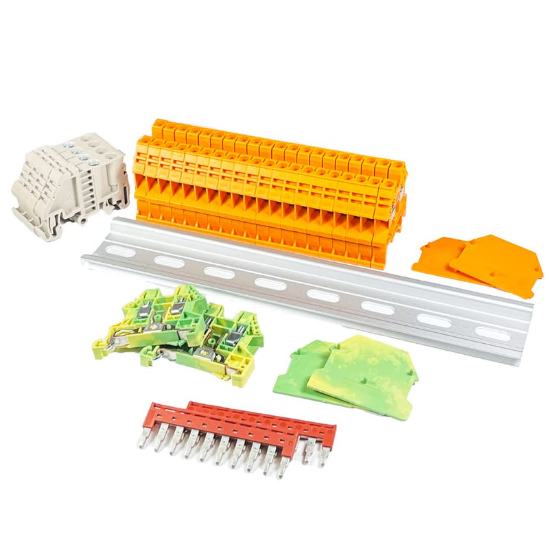 ICI Dinkle DIN Rail Terminal Block Kit #1 Orange 20 DK2.5N-OR 12 AWG Gauge 20A 600V Ground DK2.5N-PE Jumper DSS2.5N-10P End Covers End Brackets