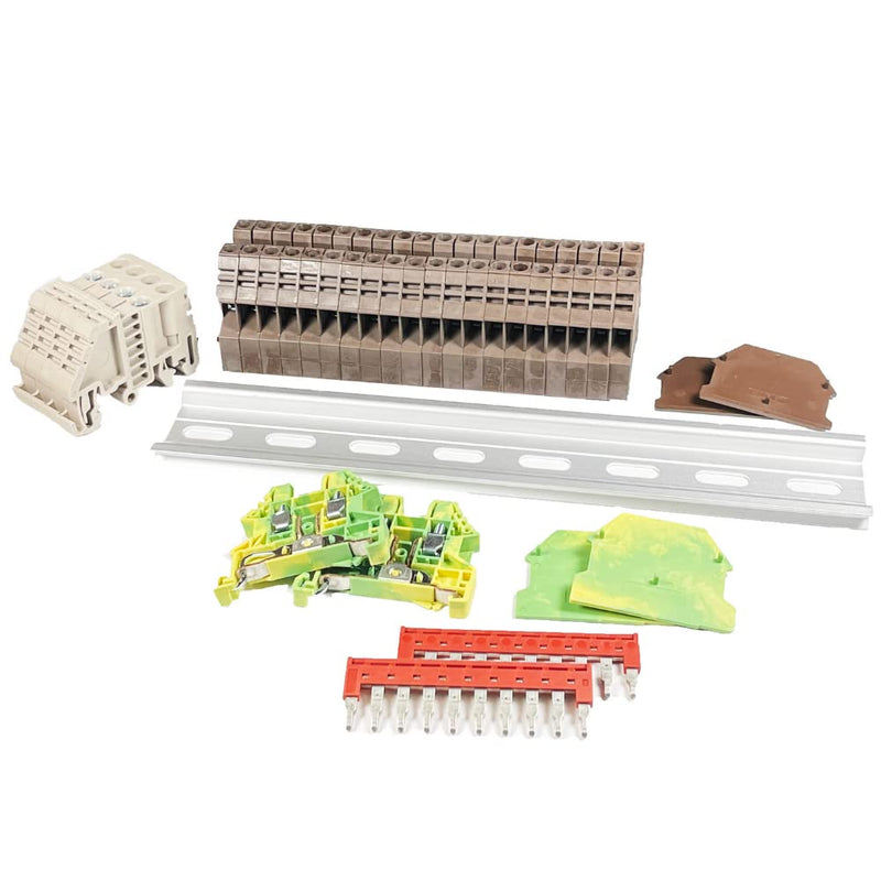 ICI Dinkle DIN Rail Terminal Block Kit #1 Brown 20 DK2.5N-BR 12 AWG Gauge 20A 600V Ground DK2.5N-PE Jumper DSS2.5N-10P End Covers End Brackets
