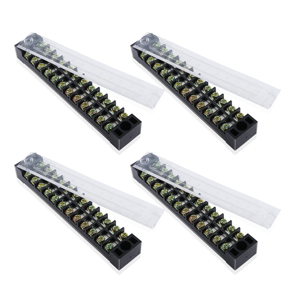PNGKNYOCN 12 Positions Dual Rows 600V 15A Barrier Screw Terminal Strip Block with Cover TB-1512（4-Pack ）