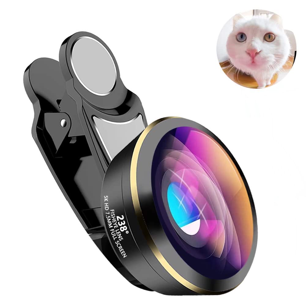 238° Super Fisheye Lens, HD 7.5mm Full Screen Phone Lens with Clip for iPhone, Android, Samsung, Pixel, BlackBerry etc, Cell Phone Lens, Anamorphic Lens, Funny Pictures 238° super fisheye