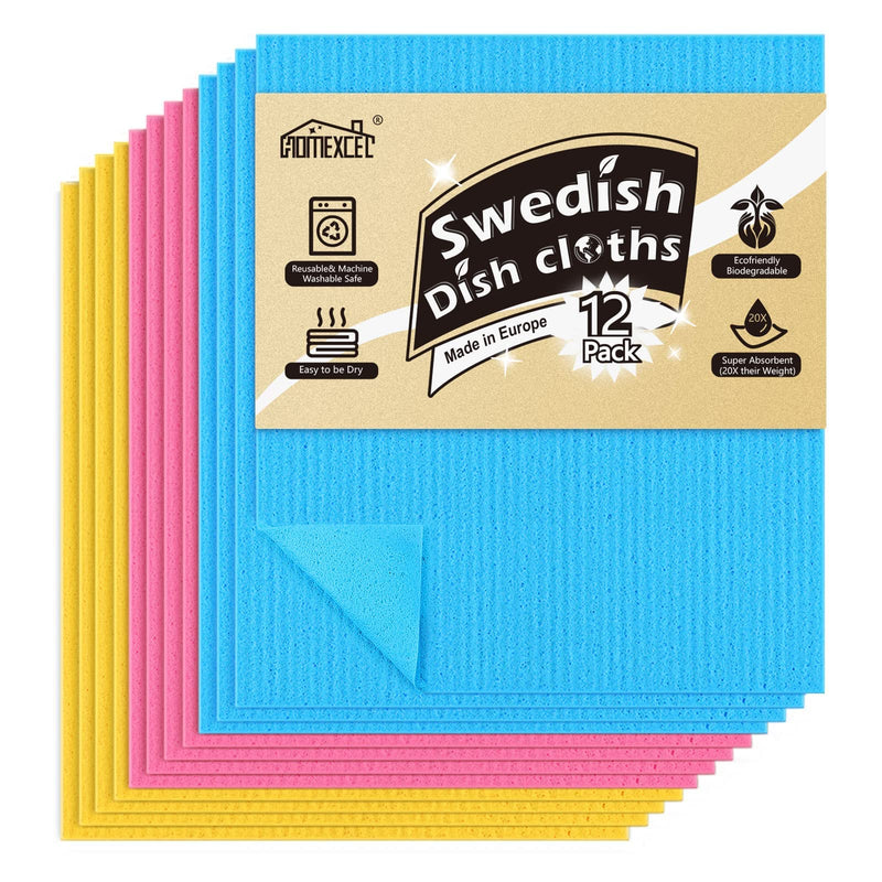 HOMEXCEL Swedish Sponge Dish Cloth,12 Pack Reusable,Abosorbent Hand Towels,Sponge Cloth for Kitchen,Bathroom and Cleaning Counters (Pink/Blue/Yellow Assorted)… Pink/Blue/Yellow