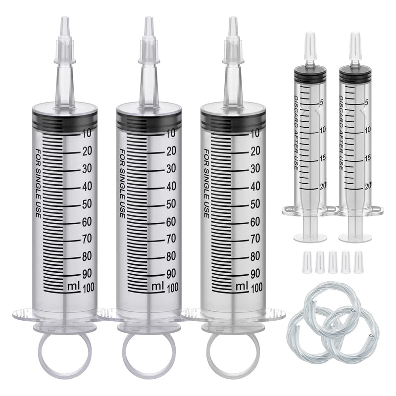 3Pack 100ML Large Syringe and 2Pack 20ML Plastic Syringes with Tip Adapter&Soft Tube, Sterile Individually Wrap Measurement and Dispensing Syringe Tools for Science Labs,Feeding Pets (100ml, 3) 1.0
