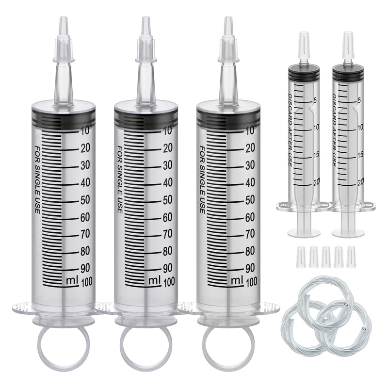[AUSTRALIA] - 3Pack 100ML Large Syringe and 2Pack 20ML Plastic Syringes with Tip Adapter&Soft Tube, Sterile Individually Wrap Measurement and Dispensing Syringe Tools for Science Labs,Feeding Pets (100ml, 3) 1.0 