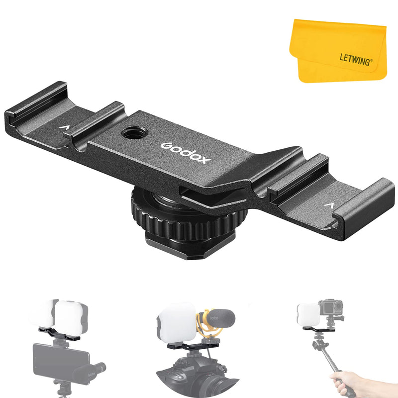 Godox VSM-H03 Dual Cold Shoe Extension Mount, Sturdy and Lightweight Hot Shoes Flash Bracket with 1/4" Thread Hole for Camera/Video Light/Microphone/Monitors/Speedlite/Tripod/Vlog