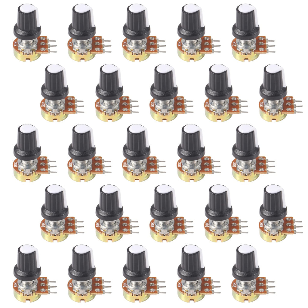 AITIAO 25Sets B1K Ohm Knurled Shaft Linear Rotary Taper Potentiometer WH148 B1K Single-Joint Variable Resistors 15mm Shaft 3Pins 1K Ohm Potentiometer with Nuts, Washers and Knob