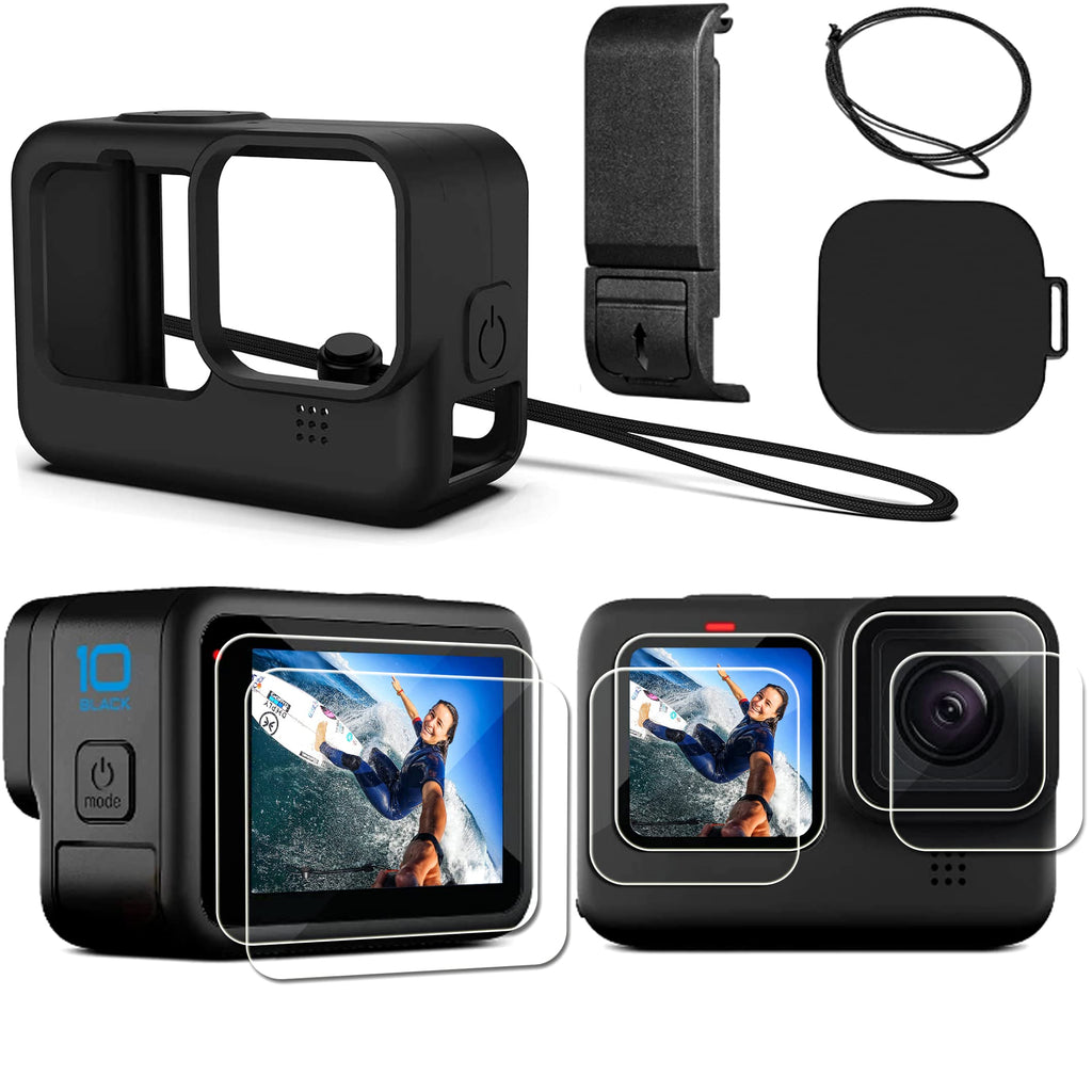 PCTC Hero 10 Silicone Sleeve Protective Case + 6 Pack Tempered Glass Screen Protector for Hero 10 Hero 9,Accessories Kit for GoPro Hero 10/Hero 9 Black（Battery Side Cover & Lens Caps & Lanyard）