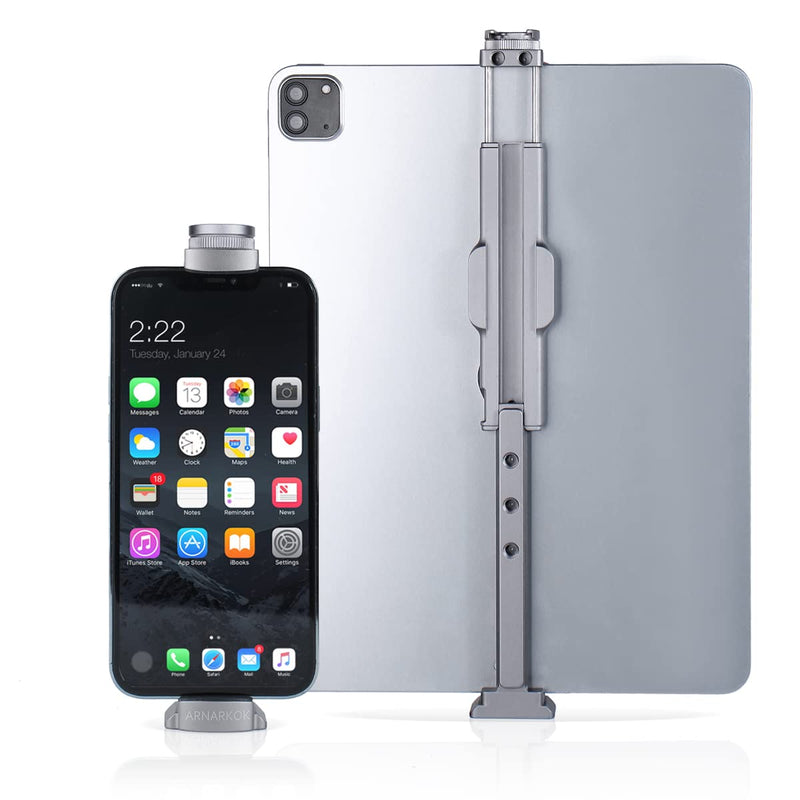 ARNARKOK 2 in 1 Metal iPad Phone Holder Stand w Cold Shoe for Tripod Mount,1/4" Screw, Acra/RRS Rail Plate Mounts, Fits iPad 1,2,3,4 Mini Air Pro 12.9,Galaxy Tabs,Universal Tablet Pad Clip Adapter
