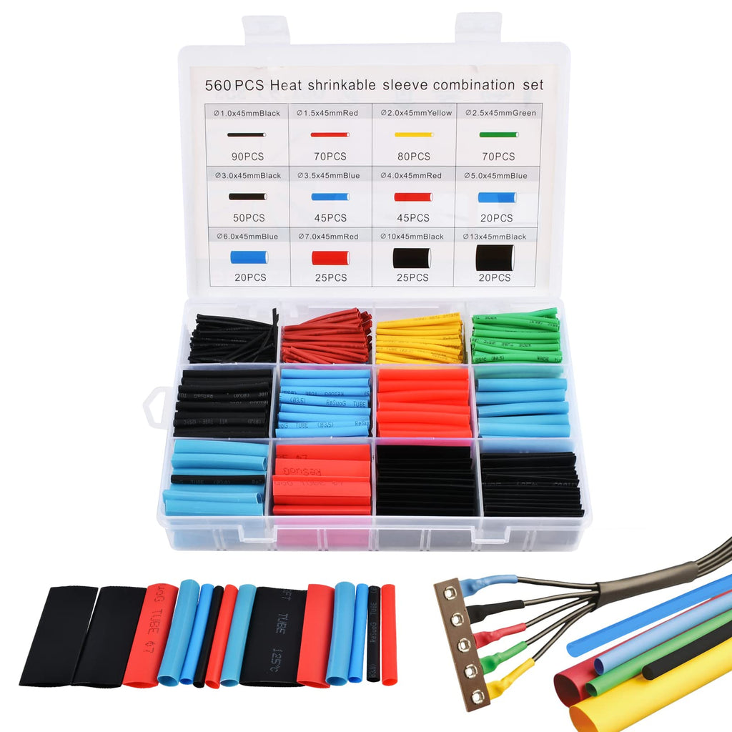 560PCS Heat Shrink Tubing Kit, 2:1 Wire Shrink Wrap Tubing Wire Heat Shrink Tube Kit, Assortment Electric Colored Insulation Heat Shrink Tubing with Box 560PCS