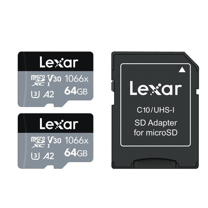 Lexar Professional 1066x 64GB (2-Pack) microSDXC UHS-I Card w/SD Adapter Silver Series, Up to 160MB/s Read, for Action Cameras, Drones, High-End Smartphones and Tablets (LMS1066064G-B2ANU) 2-Pack
