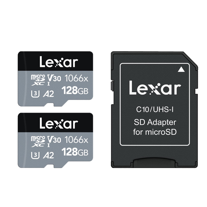Lexar Professional 1066x 128GB (2-Pack) microSDXC UHS-I Card w/SD Adapter Silver Series, Up to 160MB/s Read, for Action Cameras, Drones, High-End Smartphones and Tablets (LMS1066128G-B2ANU) 2-Pack