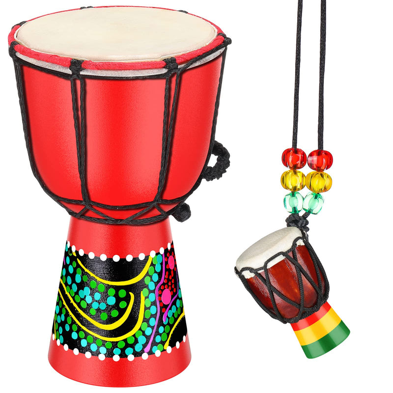 4 x 8 Inches Drums Djembe with Necklaces Mini African Style Hand Drum Djembe Bongo Congo Jembe Wood Drum Musical Instrument Necklaces Pendant for Kids Adults