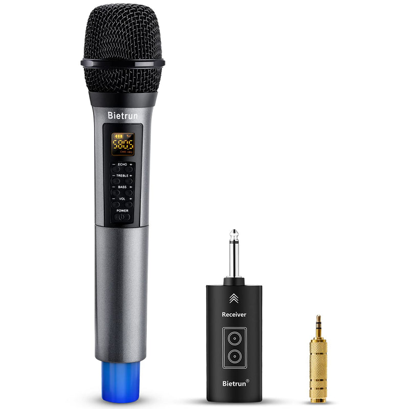 Bietrun Wireless Microphone with Echo, Treble, Bass & Bluetooth, 98 FT Range, Portable UHF Handheld Dynamic Microphone with Rechargeable Receiver, for Karaoke, Speaker, Amplifier, PA System