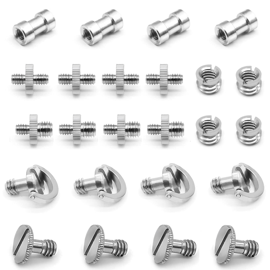1/4 to 3/8 Tripod Mount Screw，24pc Camera Tripod Screw Adapter, 1/4 to 1/4 Thread Screw Adapter，1/4 D-Ring Slotting Quick Release Plate Screw,for Camera Tripod Mount, Monopod, Flash Light Stand Mount silver