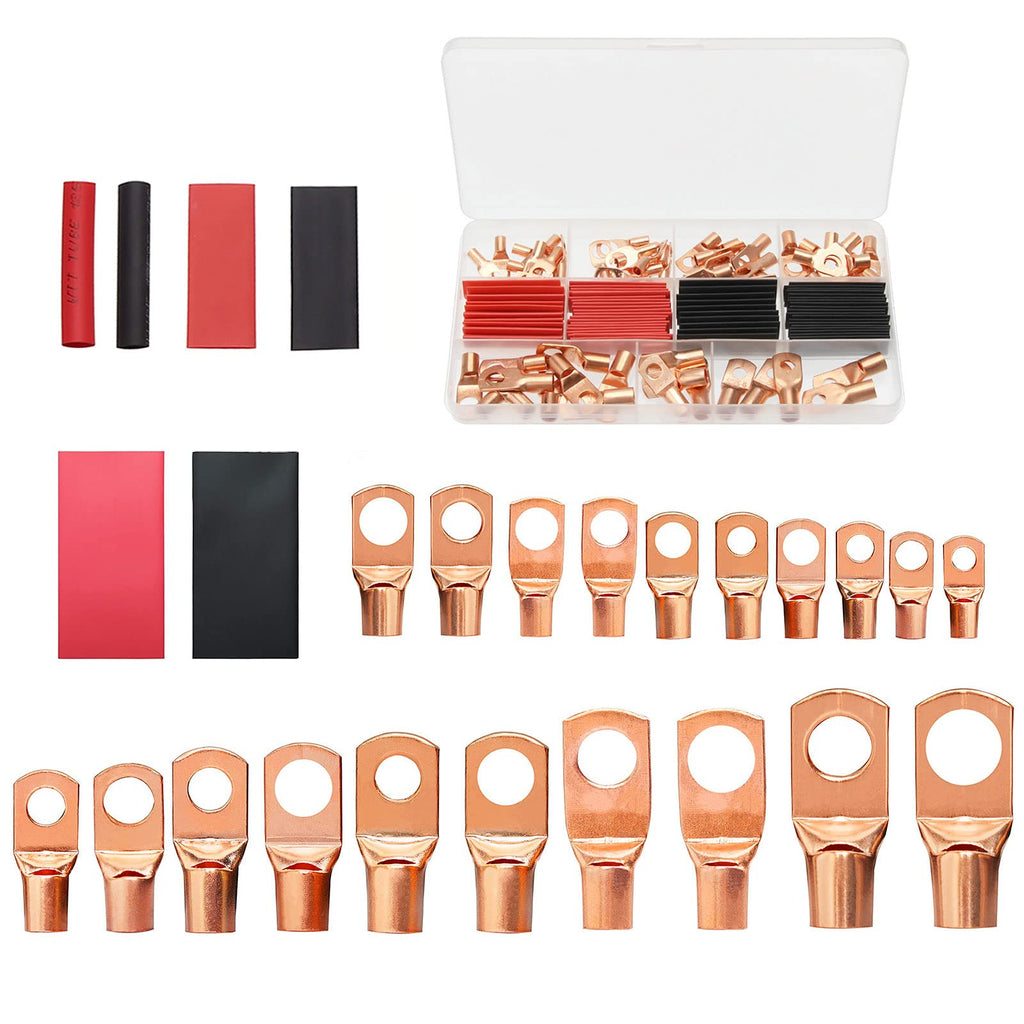 120Pcs Copper Wire Lugs,AWG 4 6 8 10 12 with Heat Shrink Set,60Pcs Battery Cable Lugs Battery Cable Ends Ring Terminals Connectors with 60Pcs Heat Shrink Tubing Assortment Kit 120