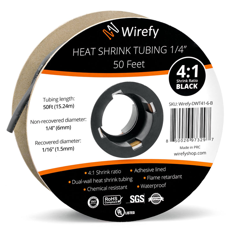 Wirefy 1/4" Heat Shrink Tubing - 4:1 Ratio - Adhesive Lined - Marine Grade Heat Shrink - 50 Feet Roll - Black 1/4" - 50 Feet