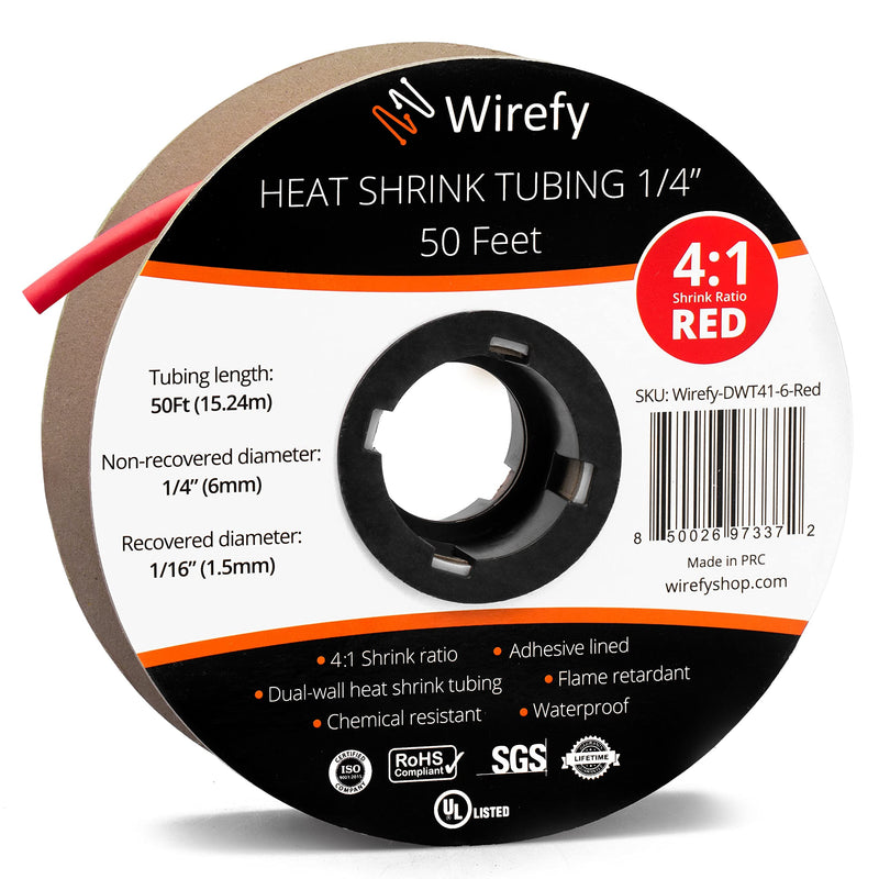 Wirefy 1/4" Heat Shrink Tubing - 4:1 Ratio - Adhesive Lined - Marine Grade Heat Shrink - 50 Feet Roll - Red 1/4" - 50 Feet