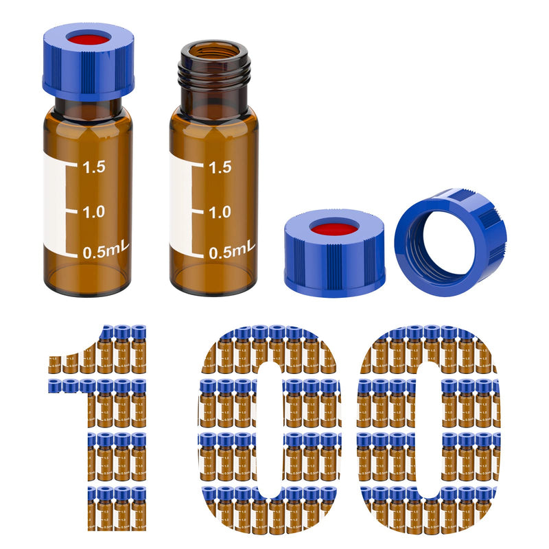 Autosampler Vials, Membrane Solutions 2ml HPLC Vials, 9-425 Lab Amber Vials with Write-on Spot and Graduations, 9mm Blue ABS Screw Caps & Septa for GC Sample Vials, 100 Pcs 100pcs Amber Vial & White PTFE septa