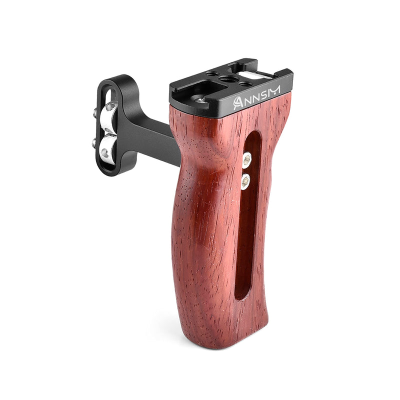ANNSM Side Wooden Handle Grip for DSLR Camera Cage, Cold Shoe Mount, Built-in Wrench, Threaded Holes, Left Right Compatible iPhone / Smartphone / Video Rig Videography / Camera Cage
