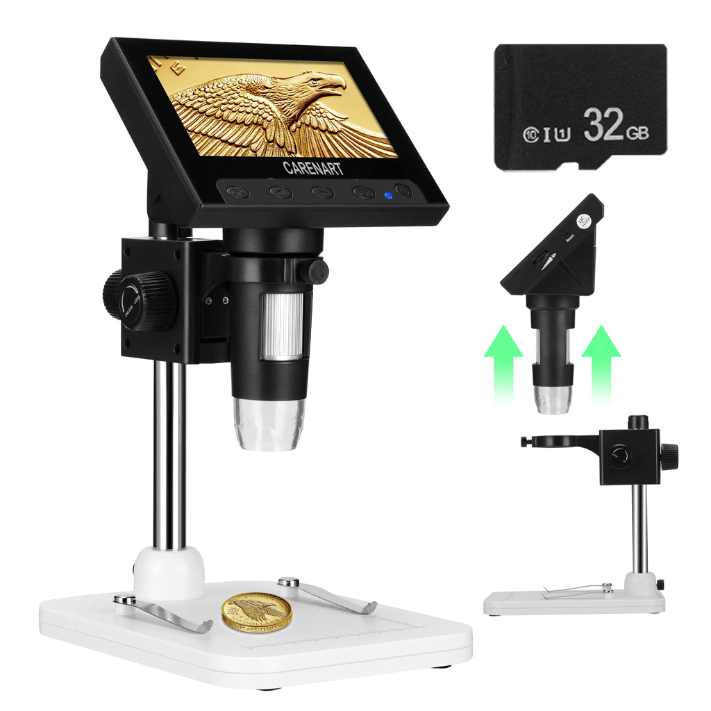 4.3 Inch Digital Microscope, Carenart Coin Microscope with 32GB TF Card 50X-1000X Magnification with 8 Adjustable LED Lights for Adults Kids Outside and Home Use
