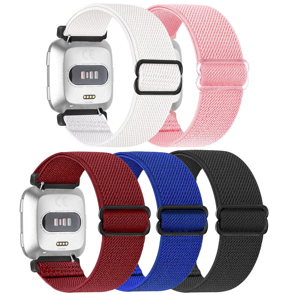 5 Pack Elastic Nylon Bands Compatible with Fitbit Versa / Versa 2 / Versa Lite / Versa SE for Women Men, Adjustable Breathable Fabric Sport Elastic Wristband for Fitbit Versa Smart Watch Combination 5