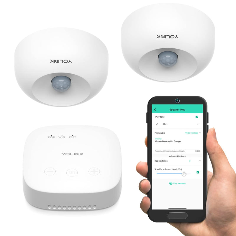 YoLink SpeakerHub & Two Motion Sensor Smart Home and Security Kit – Audio Hub Plays Tones/Sounds, Spoken Messages, LoRa-Powered ¼ Mile Range, WiFi Required