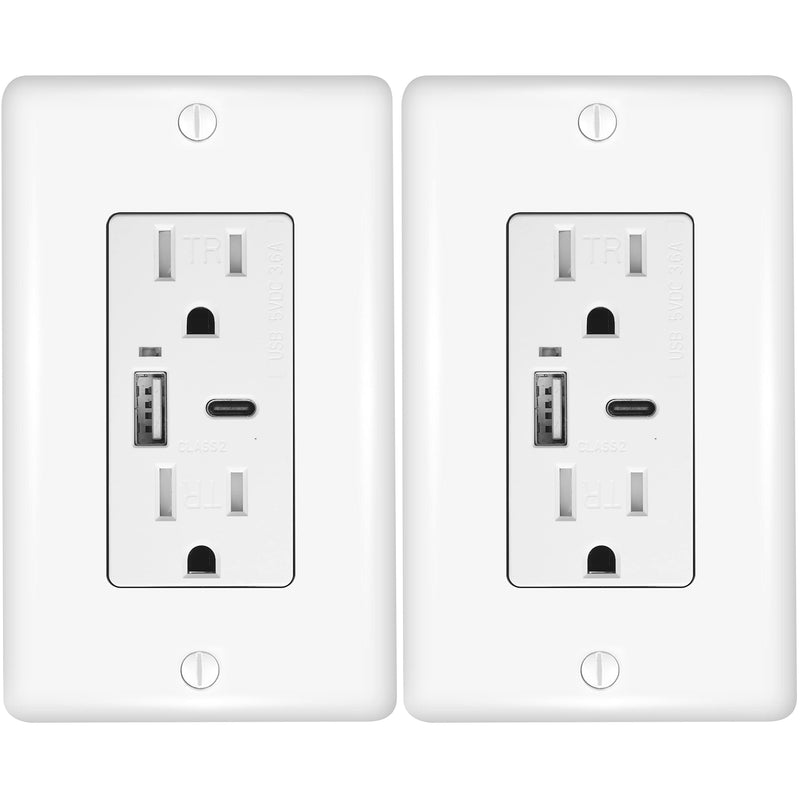 Faith Combination Electrical Outlet and USB Wall Charger | White Wall Outlet with USB Ports (2-Pack) | Power Outlet 15A/125V with 3.6A/5V Type A and C USB Outlets | Fast Charging and Tamper Resistant 2-Pack - White USB Type-C