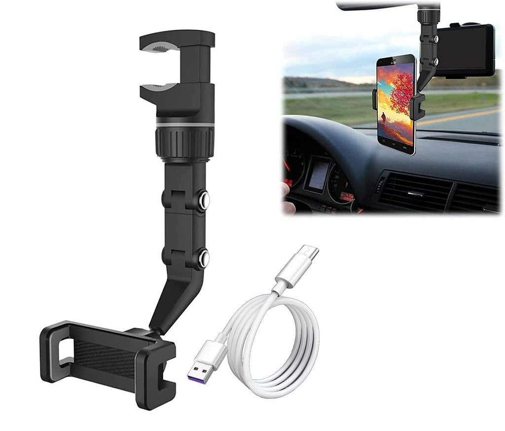 360° Rearview Mirror Phone Holder, Car Rearview Mirror Mount Phone and GPS Holder, Universal 360 Degrees Rotating Car Phone Holder Suitable Phone in 4.0-6.9 inch,with Type-C 5A Data Cable