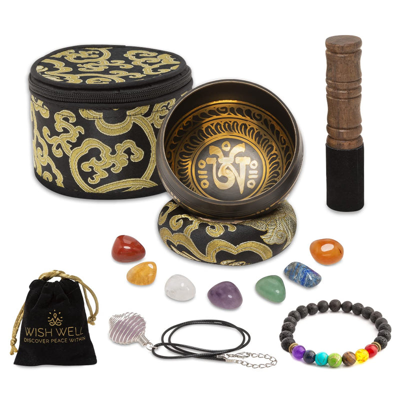 Tibetan Singing Bowl Set ~ 7 Chakra Stones and Lava Stone Chakra Bracelet ~ Easy to Play with Fabric Case, Cushion, Mallet ~ Handcrafted in Nepal for Meditation, Yoga, Spiritual Healing, & Mindfulness Black/ Healing Crystals Set