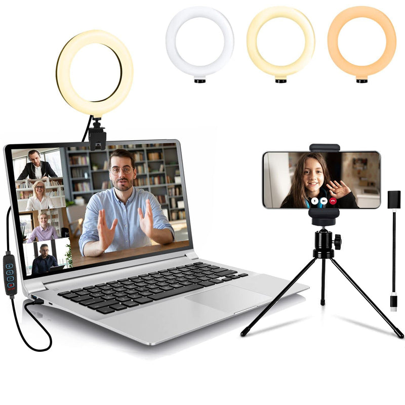 Onite Ring Light for Computer, Video Conference Lighting Kit with Stand and Type C to USB Adapter, 6.3” LED Selfie Ring Light for Webcam Lighting, Live Stream, Makeup and Desktop Camera