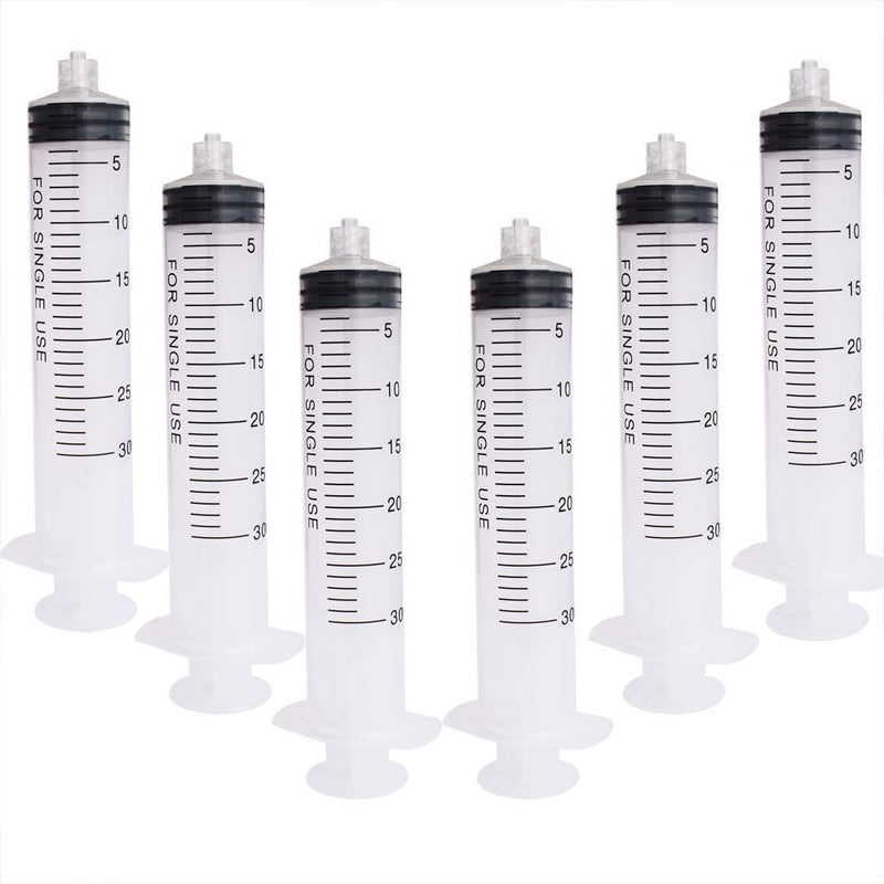 Albedel 6 pcs 30ML/CC Plastic Syringe Disposable Individual Sealed Wrap Without Needle with Measurement for Scientific Feeding Pets Labs Watering Dispensing