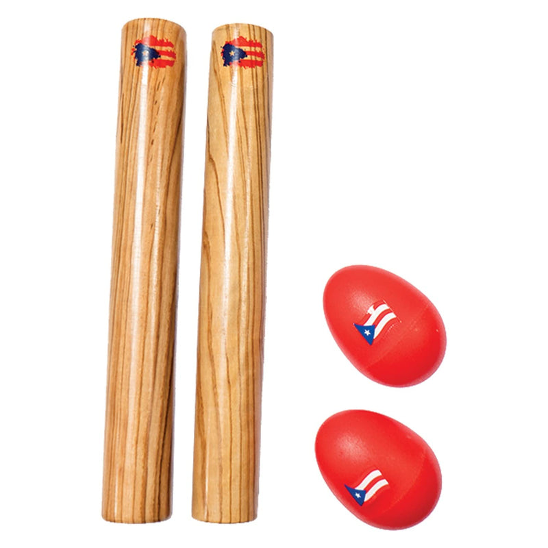 Hand Percussion Musical Instrument Set Puerto Rico Flag - Include: 1 Pair 8 Inch Rhythm Sticks Wood Claves and 1 Pair Egg Shakers