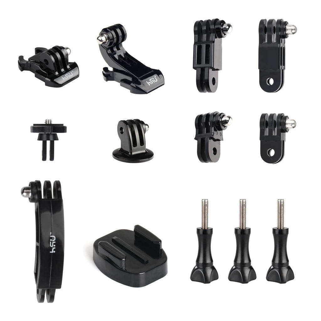 HSU Basic Adapter Grab Bag for GoPro, Including Quick Release Buckle Mount, J-Hook Buckle Mount, 3-Way Pivot Arms, Tripod Mount, 1/4 inch 20 Mount, Curved Extension arm and Thumbscrews（13Pcs）