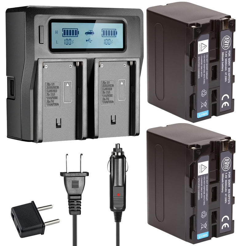 BM Premium 2 NP-F970 NP-F960 NP-F975 NP-F570 Batteries and Dual Bay LCD Battery Charger for Sony PXW-Z150, Z190, Z280, NEX-EA50M, FDR-AX14K, CN160 FW568 F100 F200 FW700 and Other LED Video Light