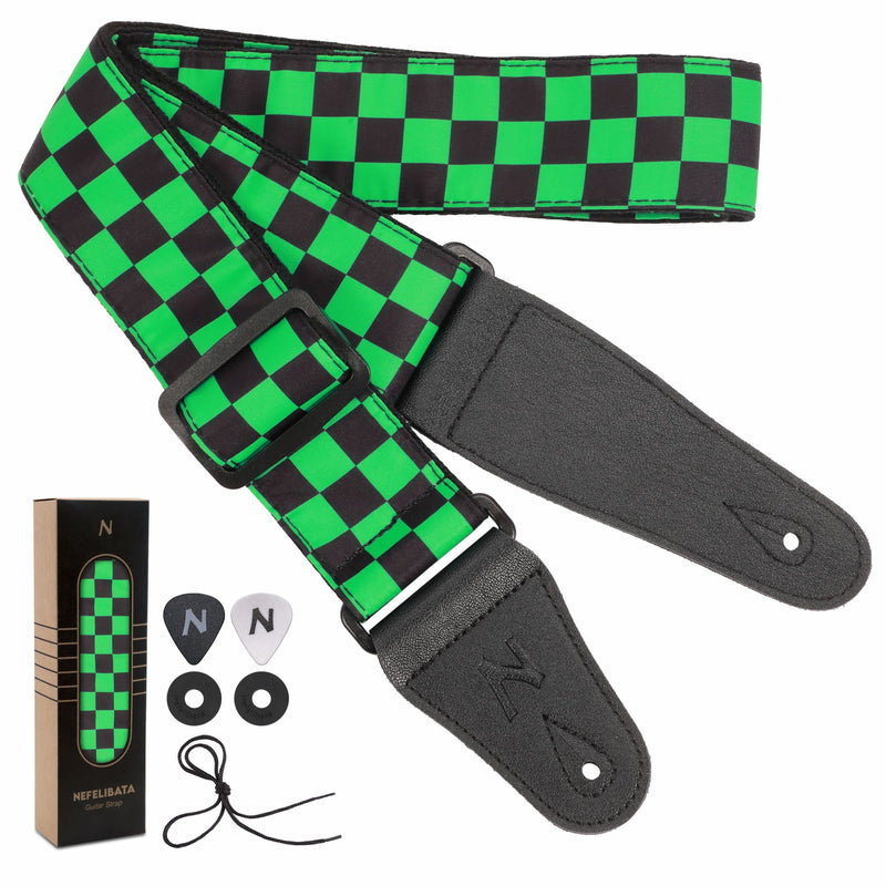 [AUSTRALIA] - Guitar Strap,Personalised Cotton Double Layer Cotton Guitar Straps with Longer Leather Ends for Bass, Electric & Acoustic, Best Gifts for Kids, Men & Women Guitarists (Green Grid) Green Grid 