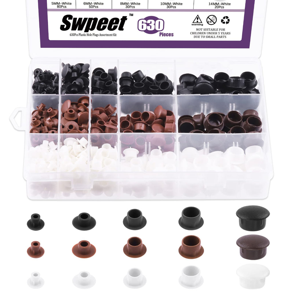 Swpeet 630Pcs 1/5" 1/4" 5/16" 3/8“ 1/2" White and Black Plastic Plugs Hole Plugs White Screw Covers Assortment Kit, Flush Type Hole Plugs Snap in Locking Hole Tube Panel Plugs Fastener Cover Plugs