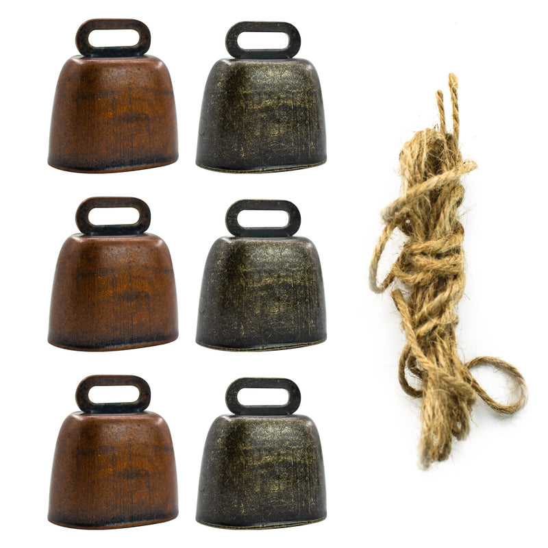 MrMrKura 6 Pack Cow Horse Sheep Grazing Copper Bells Set Anti-Lost Hanging Neck Cowbell Small Brass Bell Iron Vintage Bells Bronze and Copper Bells with Hemp Rope