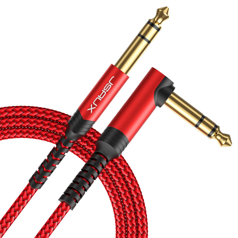 1/4 Inch Instrument Guitar Cable 10FT, JSAUX Right Angle to Straight Electric Instrument Cable, TRS 6.35mm to 6.35 mm Stereo Audio Male to Male Cord for Electric Guitar, Bass, Mandolin - Red