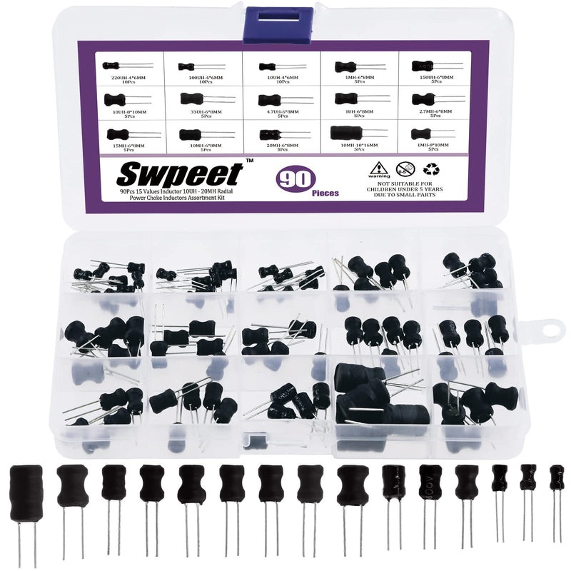 Swpeet 90Pcs 15 Values Inductor 10UH - 20MH Assortment Kit, High Self-Resonance Frequency Choke Coil Inductors DIP Radial Power Choke Inductors for PVC or UL Tube (90) 90