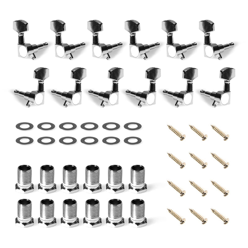 Cheerock 12Pcs Guitar String Tuning Pegs Tuner, Silver Machine Heads Knobs for Electric & Acoustic Guitar 6L 6R