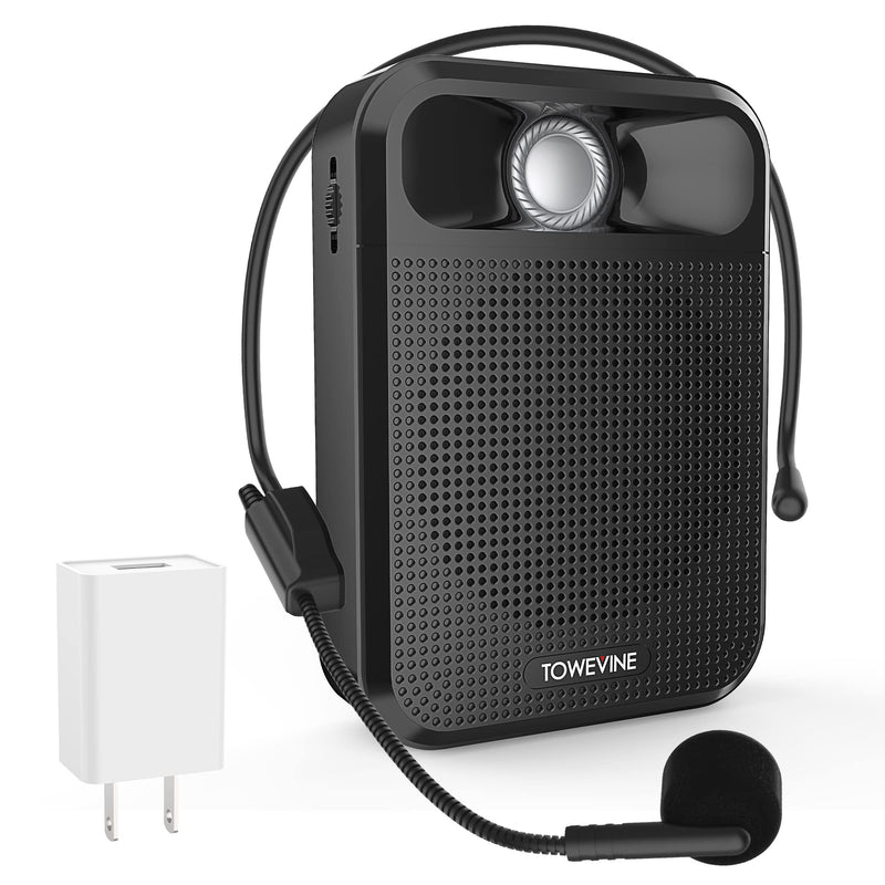 Portable Voice Amplifier, Towevine Rechargeable Microphone for Teachers, Speaker with Headset and Waistband for Classroom, Singing, Coach, Training, Presentation, Tour Guide Black