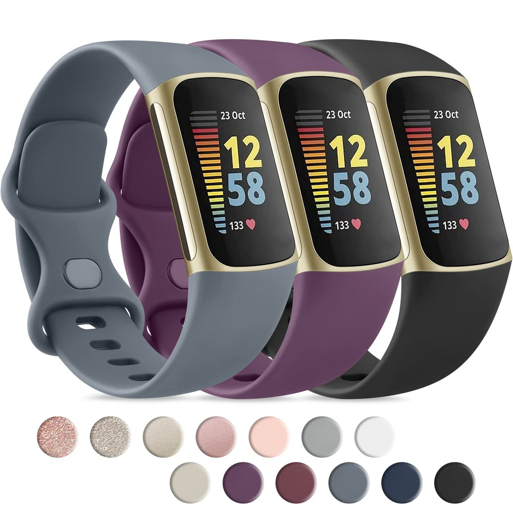 Pack 3 Silicone Bands for Fitbit Charge 5, Adjustable Replacement Wristbands for Fitbit Charge 5 Women Men Small Large (Without Tracker) (Large: for 7.3"-8.9" Wrists, Black+Slate Grey+Purple) Large: for 7.3"-8.9" Wrists