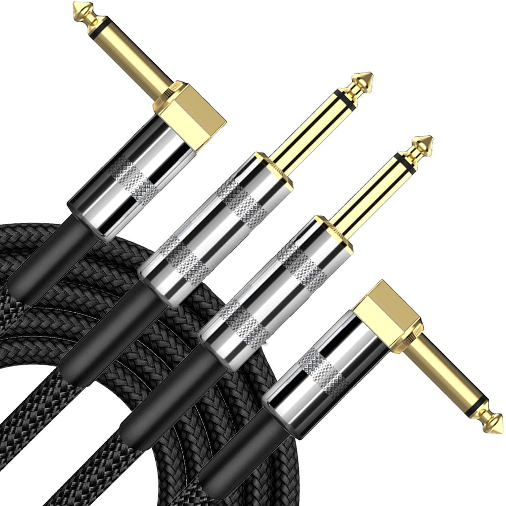 2 Pack Guitar Cable 10 ft, Professional Instrument Cable Electric Guitar Bass AMP Cord, Right Angle 1/4 Inch TS to Straight 1/4 Inch TS Gold Plated 6.35mm Guitar Cord, Black