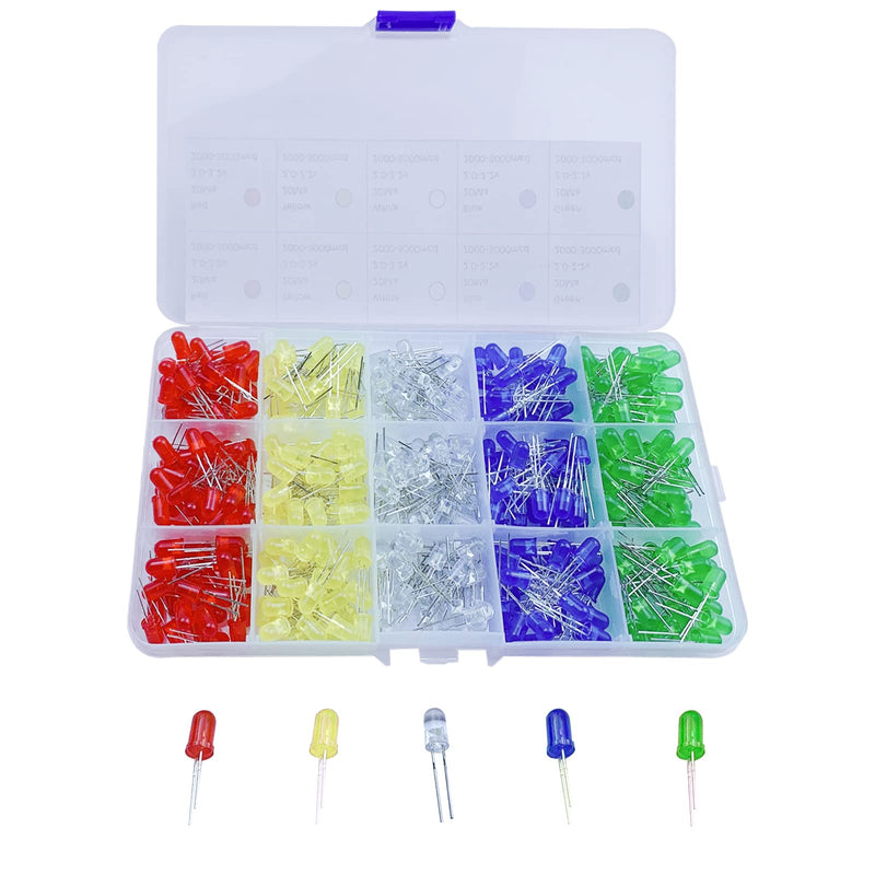 450pcs 5mm LED Light Emitting Diode Light Lamp Kit 2 Pin Round Assorted Color Red/Yellow/White/Blue/Green Circuit Assorted Kit Box for DIY(5 Colors x 90pcs)