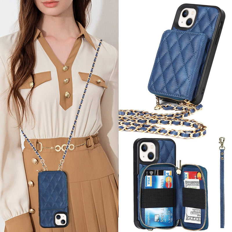 Jaorty Crossbody Detachable 2 in 1 Wallet Case for iPhone 13,Crossbody Case with Zipper Card Holder Bag Wrist Strap Lanyard Purse Compatible with Apple iPhone 13 6.1 inch,Blue Blue