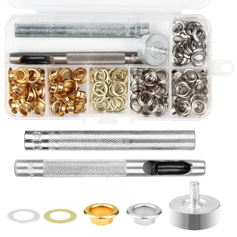 100 Sets Grommets Eyelets Kit, Grommets and Washers with 3 Pieces Install Tools, Metal Grommets Kit for Clothes Hats Shoes Leather Bags and DIY Crafts (6MM, Gold+Silver) 6MM