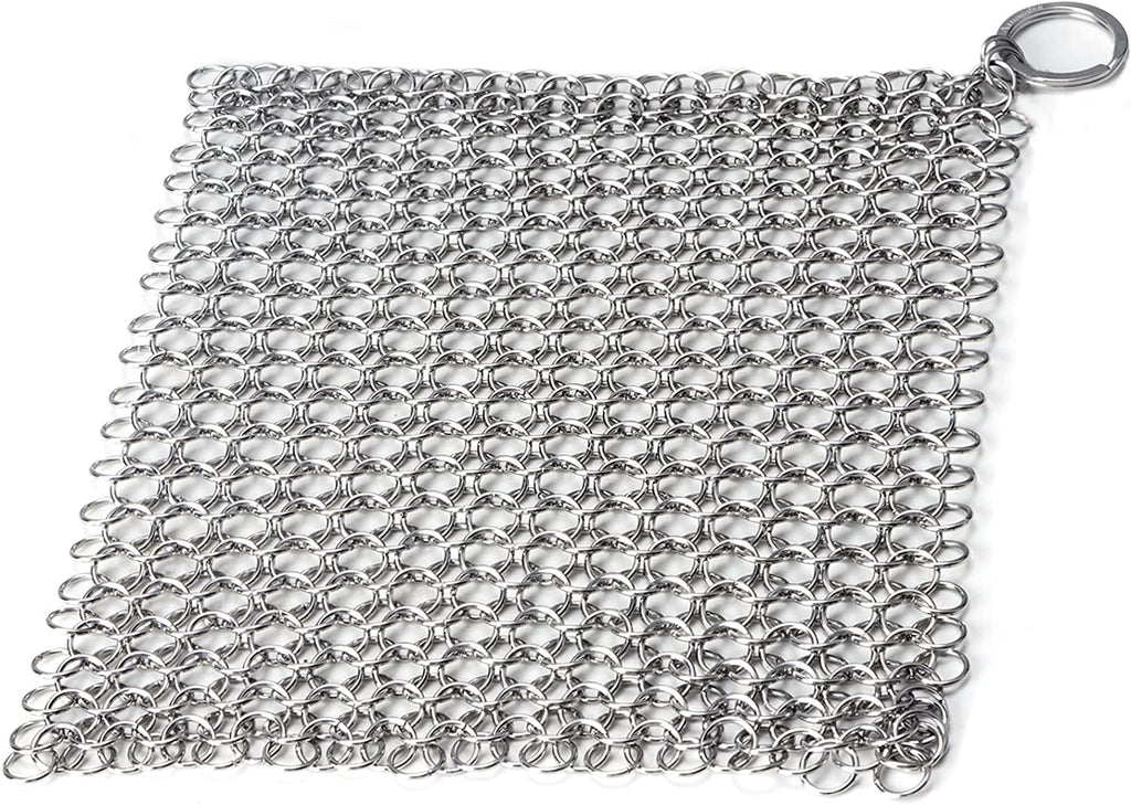 316 Premium Stainless Steel Cast Iron Cleaner, 8"x8" Square Metal Scrubber with Hanging Ring,Chainmail Scrubber for Skillet, Ultra-hygienic Anti-Rust Cast Iron Scraper