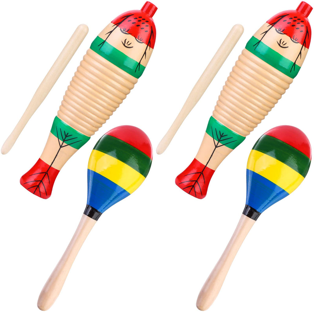2 Pieces Colorful Fish Shape Guiro Wood Fish Style Guiro Instrument Equipped with 2 Pack Colorful Maracas Wood Instrument Wooden Frog Instrument Musical Percussion Instruments for Adults Kids