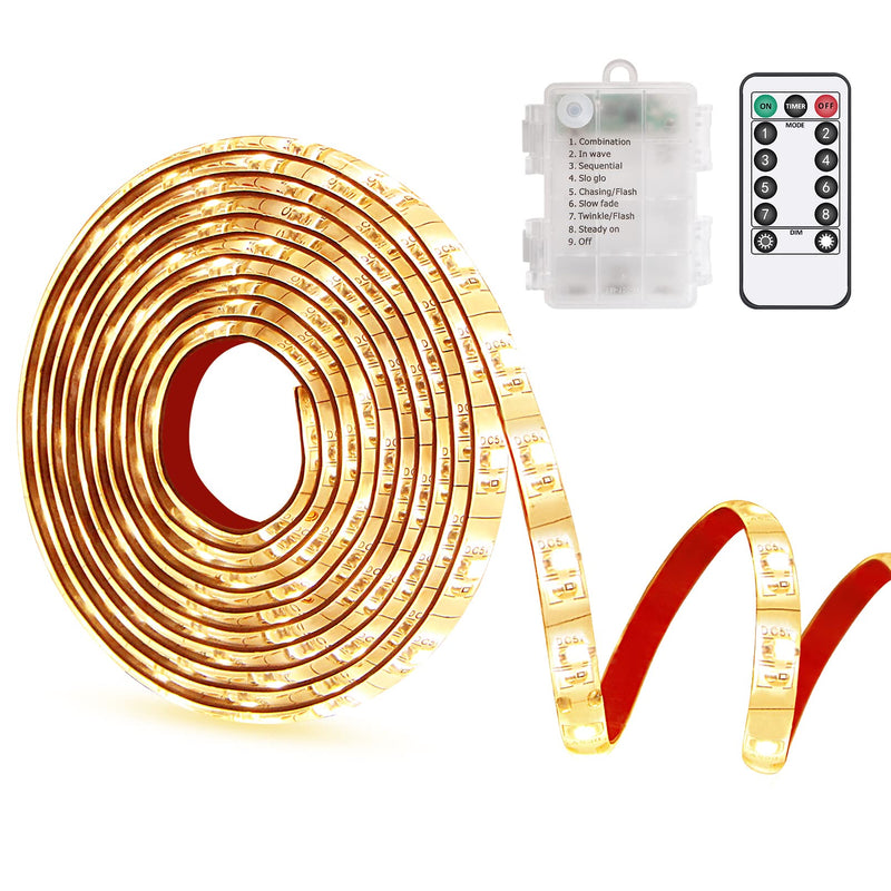 Battery Powered Led Strip Lights with Remote Warm White Battery Operated led Light Strip 13-Keys Remote Controlled 8 Modes Timer Waterproof Dimmable Sticky 6.56ft Strip Lights for Home Decor, TV