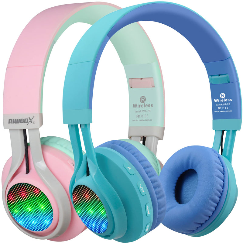 2 Packs Riwbox WT-7S Kids Headphones Wireless, Foldable Stereo Bluetooth Headset with Mic Compatible with PC/Laptop/Tablet/iPad Pink&Blue