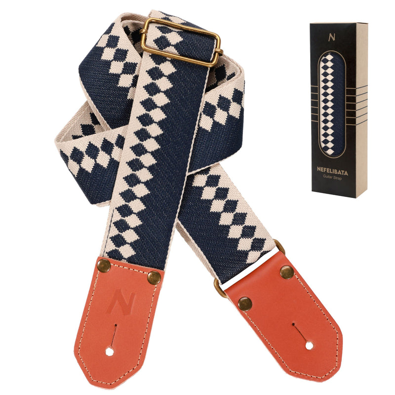 [AUSTRALIA] - Nefelibata Cool Woven Guitar Strap - Cotton Guitar Straps with Thicked First Layer Vegetable Tanned Cowhide Leather Ends for Acoustic, Bass, Electric, Best Gift for Your Love Guitarists (Diamond Blue) Diamond Blue 